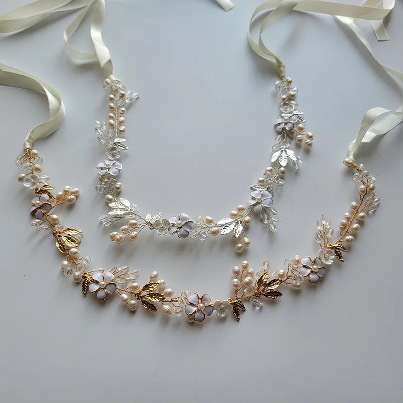 SLBRIDAL Handmade Crystals Freshwater Pearls Flower Leaf Bridal Headband Hair Vine Bridal Hair accessories Women Girls Jewelry