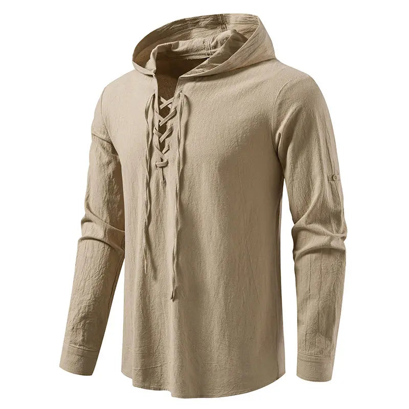 Men's Casual Streetwear Long Sleeve Hooded T-Shirt Solid Color Pullover Top Tee Shirt for Everyday Comfort Roll up Style