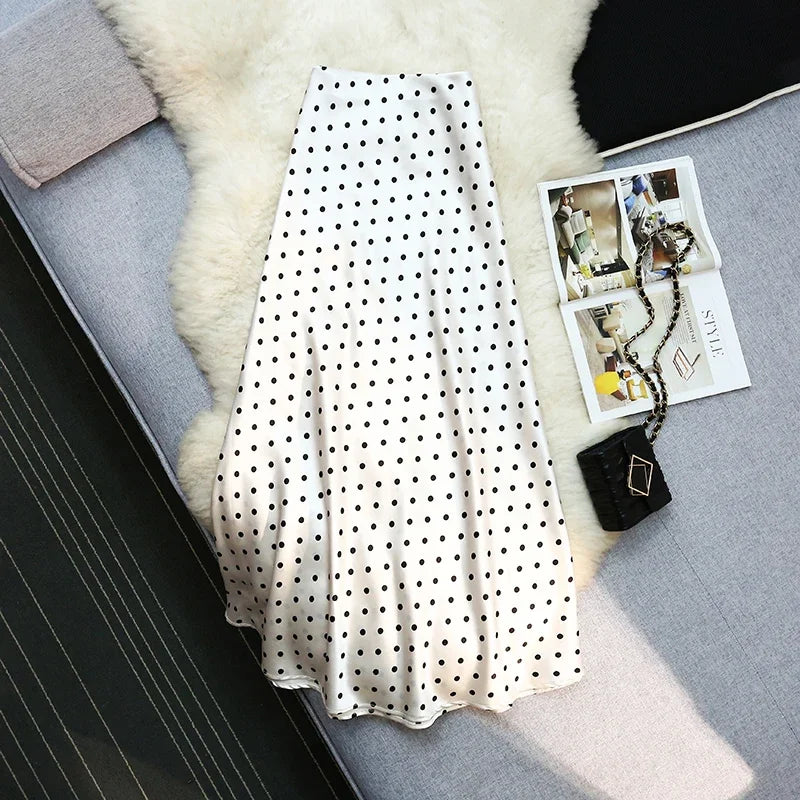 Seoulish Vintage Polka Dot Satin Mermaid Skirts for Women 2026 New Spring Summer High Waist Casual Mid Length Women's Skirts