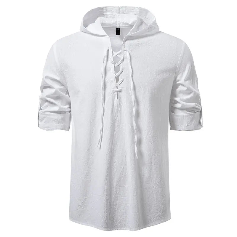Men's Casual Streetwear Long Sleeve Hooded T-Shirt Solid Color Pullover Top Tee Shirt for Everyday Comfort Roll up Style