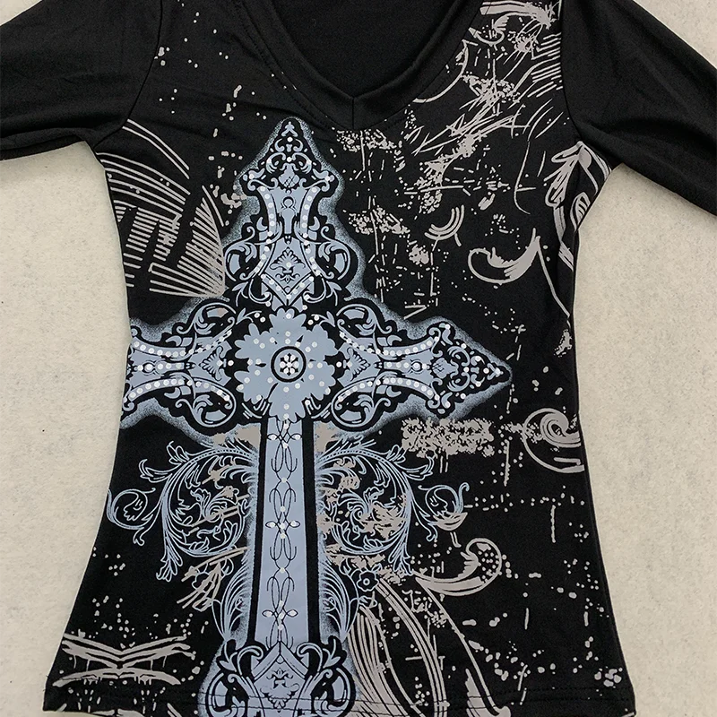Women V Neck Long Sleeve T Shirt Gothic Cross Graphic Print Slim Fit Y2K Streetwear Casual Spring Fall Hot Sale Top