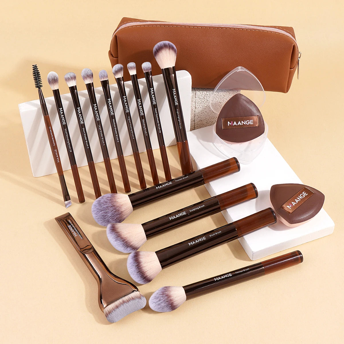 MAANGE 14pcs Makeup Brushes with 2pcs Air Cushion Makeup Puffs Foundation Brush Powder Blusher Brush Eye Brushes Holiday Gift