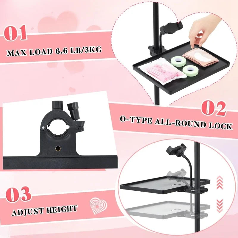 Adjustable Lash Tray Holder for Ring Light – Clip-On Organizer Stand with Phone Holder for Eyelash Extension Beauty Accessories