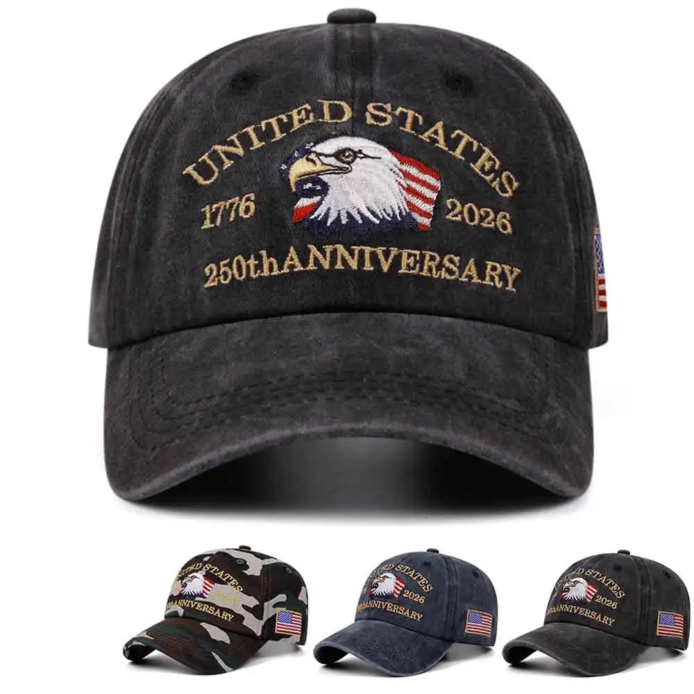 250th Anniversary Embroidered Retro Washed Outdoor Baseball Hat with American Flag